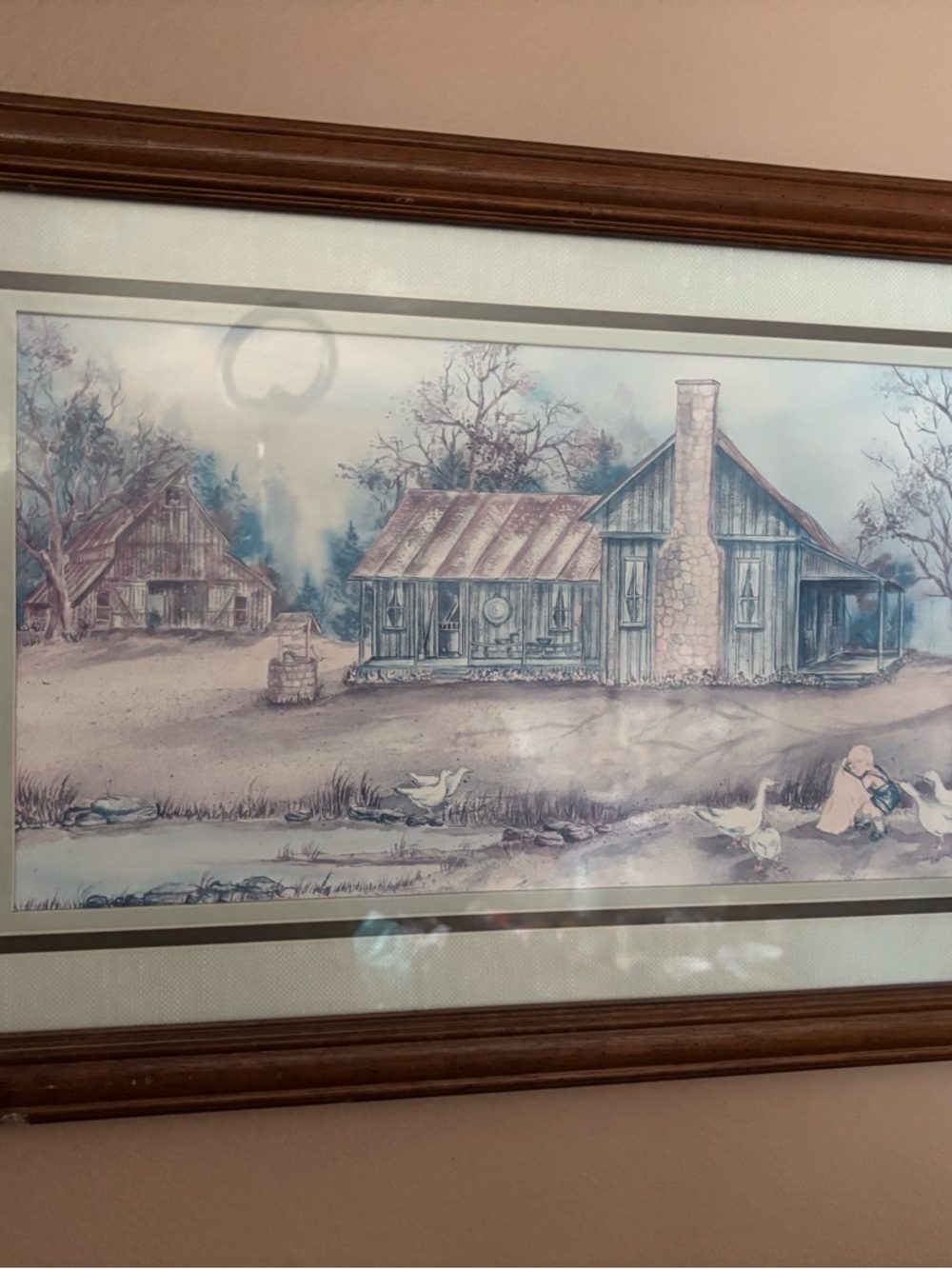 Framed Geese Feeding time - Cottage Wall Art in Soft Pastels